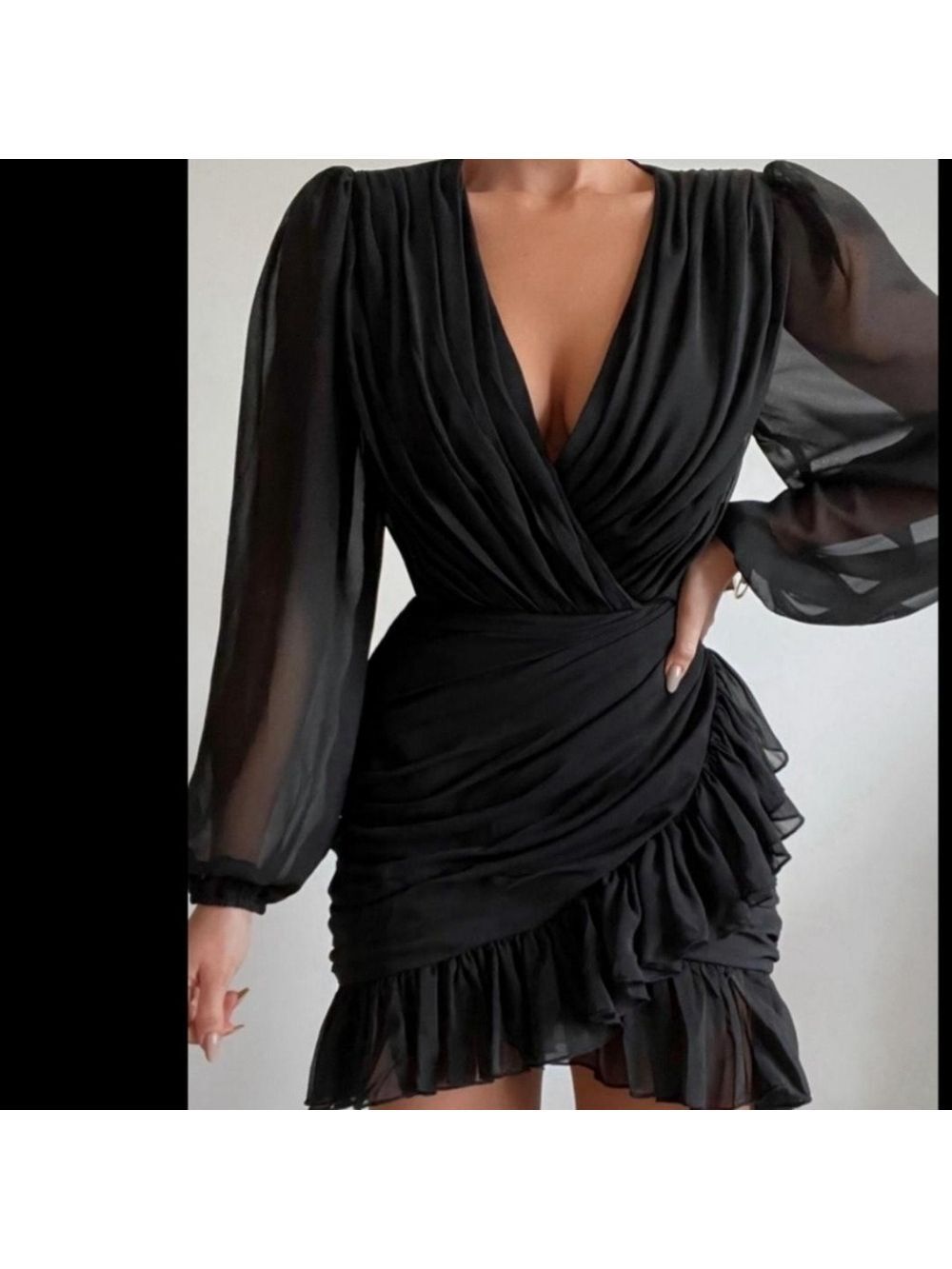 Showpo Black Mini Dress Long Sleeve Ruffle Size 8